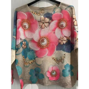 L39 Loowie Pink Petals Round Neck Knit Printed Sweater One Size